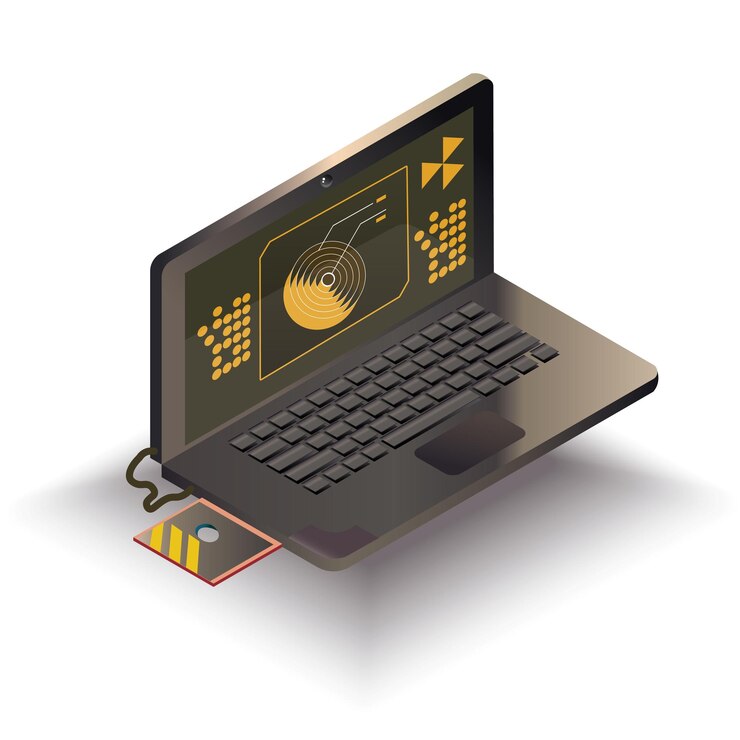 Vector computadora portátil de hacker con interfaz gráfica de usuario cyberpunk en la pantalla ilustración vectorial isométrica con espacio de copia y