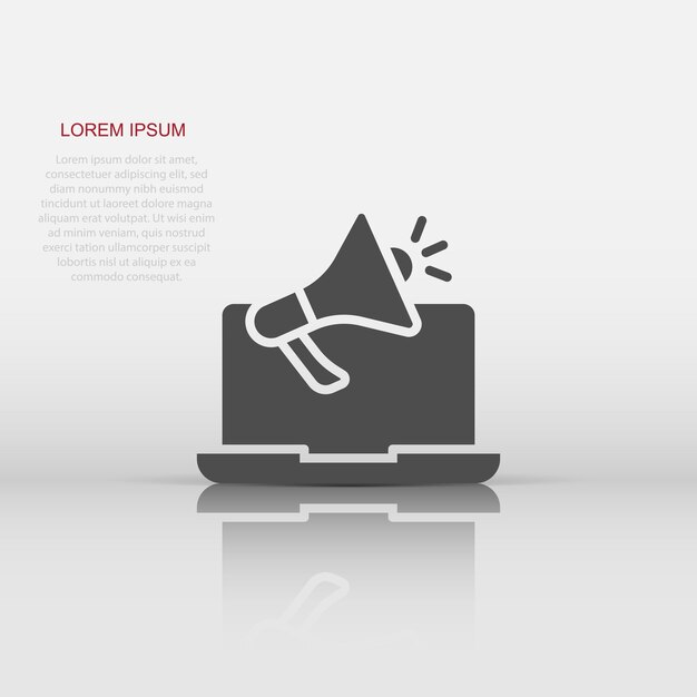 Computadora portátil con icono de altavoz megáfono en estilo plano Ilustración de vector de megáfono portátil sobre fondo blanco aislado Concepto de negocio de suscripción de computadora