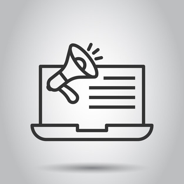 Computadora portátil con icono de altavoz megáfono en estilo plano Ilustración de vector de megáfono portátil sobre fondo blanco aislado Concepto de negocio de suscripción de computadora