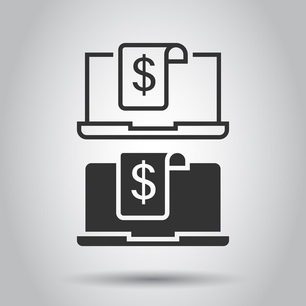 Computadora portátil con icono de dinero en estilo plano Ilustración de vector de dólar de computadora sobre fondo blanco aislado Concepto de negocio de monitoreo de finanzas