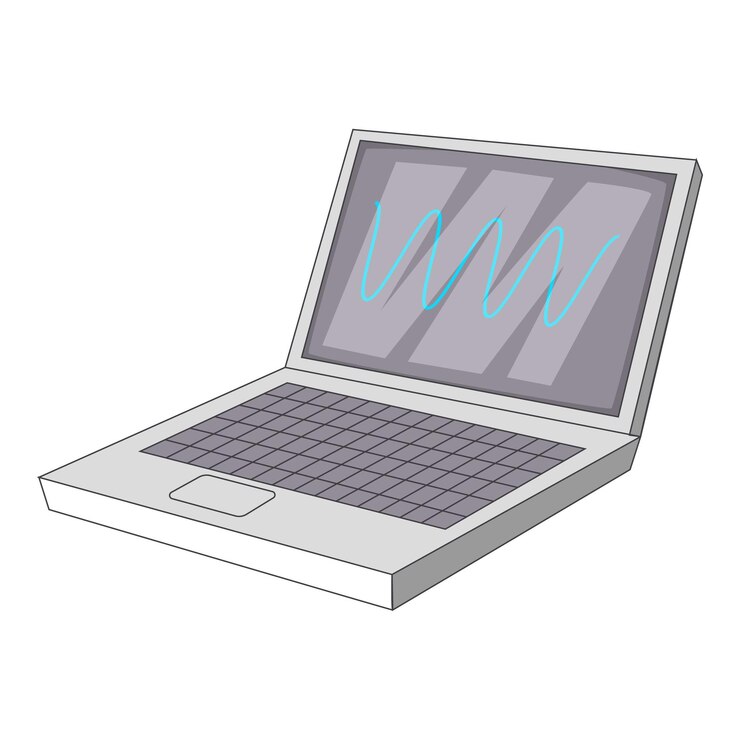 Vector computadora portátil con icono de ondas sonoras ilustración de dibujos animados de computadora portátil con icono de vector de ondas sonoras para diseño web