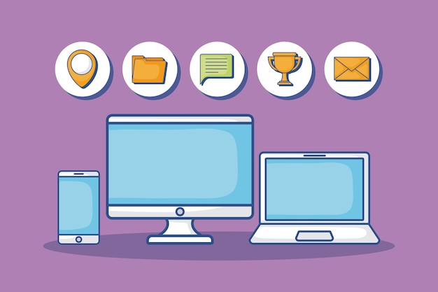 computadora portátil con iconos relacionados de marketing digital alrededor