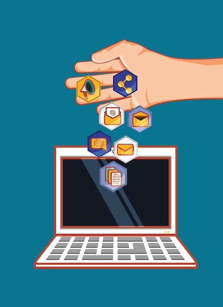 computadora portátil con iconos relacionados con las redes sociales