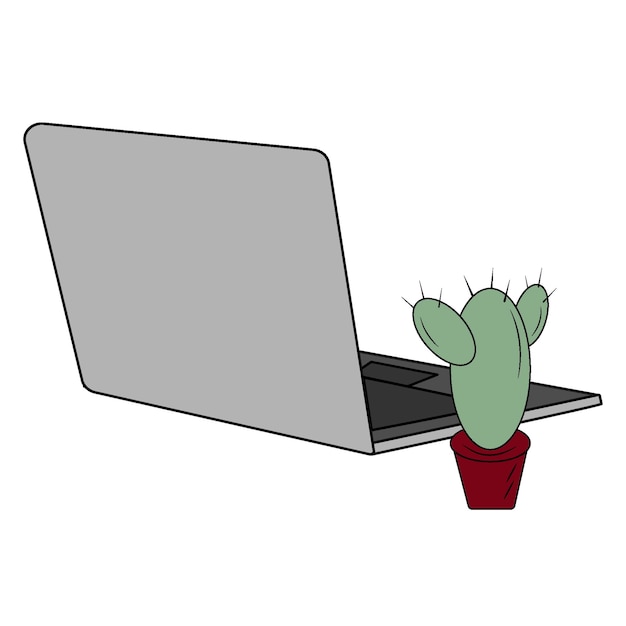 Computadora portátil isométrica y cactus en una maceta en tonos modernos sobre un fondo transparente Pegatina