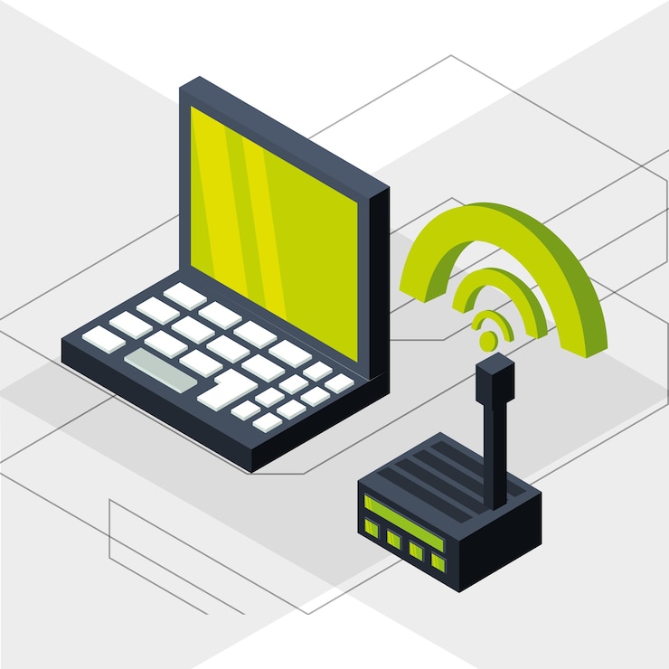 Vector computadora portátil isométrica con conexión wifi