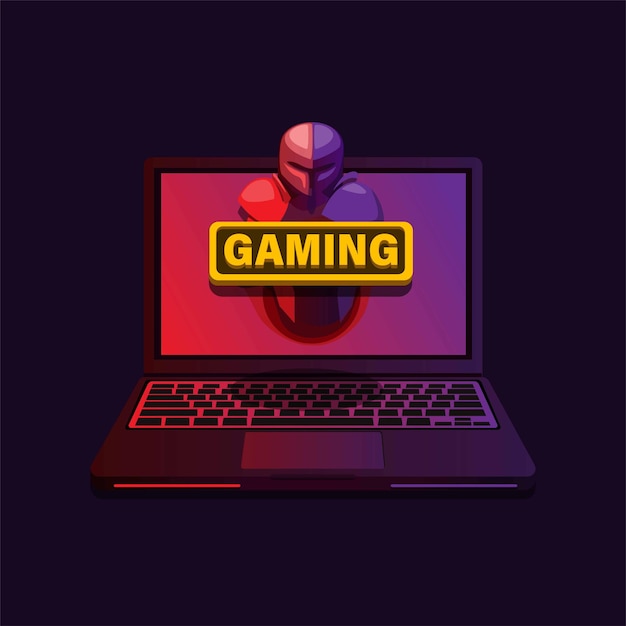 Computadora portátil para juegos, teclado y pantalla degradados de color púrpura rojo con figura de caballero emergente vectOR realista