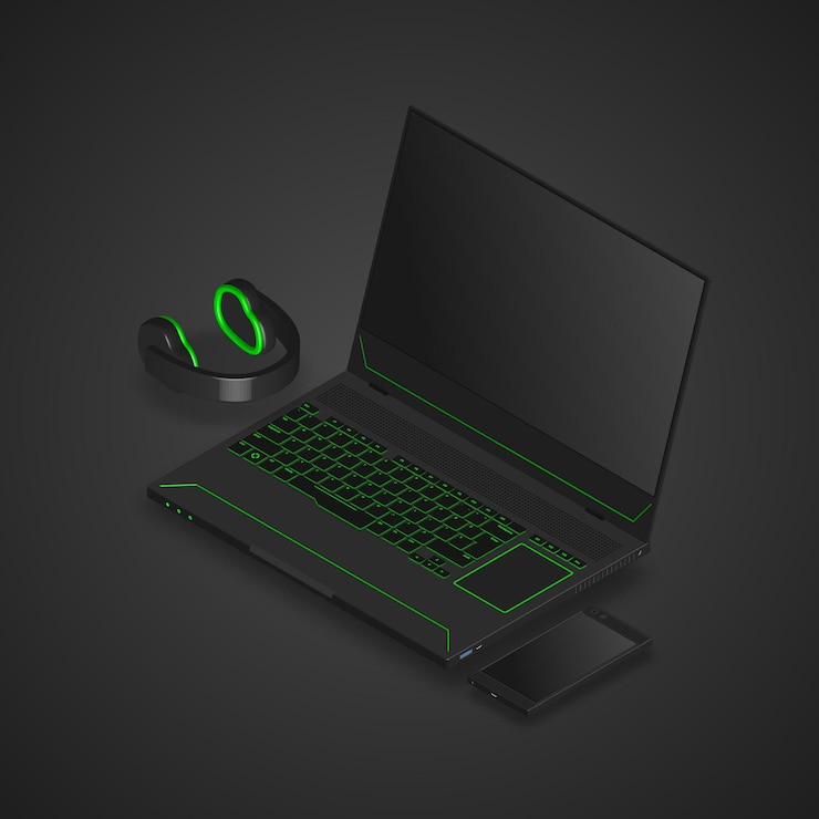 Vector computadora portátil para juegos, teléfono inteligente y auriculares.