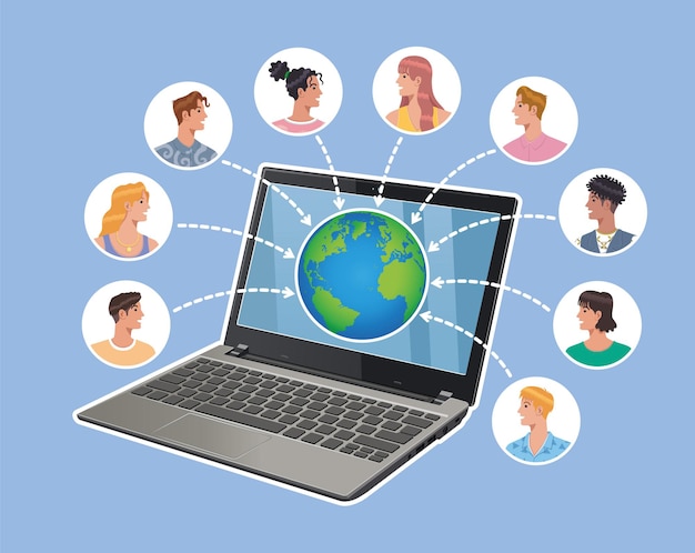 Computadora portátil en línea que conecta avatar de personas en todo el mundo ilustración vectorial plana