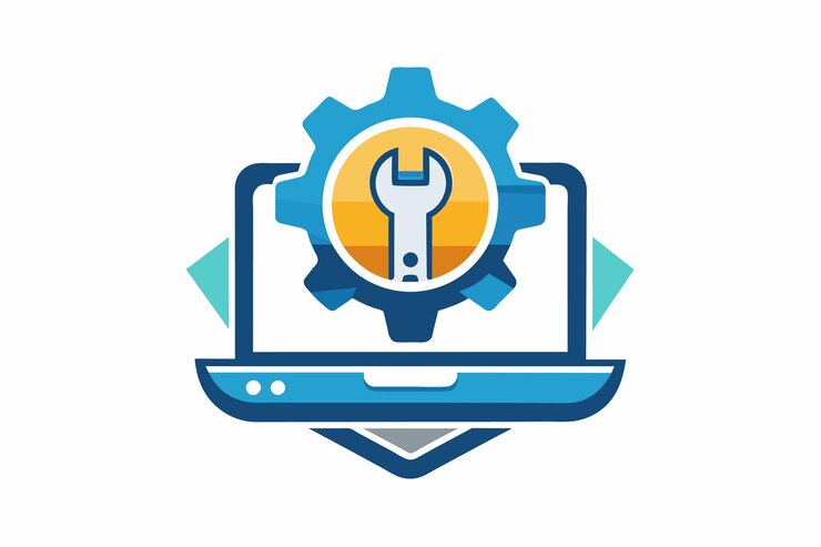 Vector una computadora portátil con una llave inglesa colocada en la parte superior que muestra el concepto de servicio de reparación en línea servicio de reparo en línea en el sitio web ilustración vectorial plana simple y minimalista
