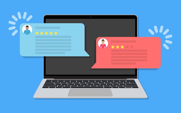 Computadora portátil con mensajes de chat con calificación de revisión del cliente en un diseño plano