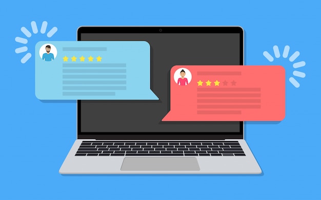 Vector computadora portátil con mensajes de chat con calificación de revisión del cliente en un diseño plano