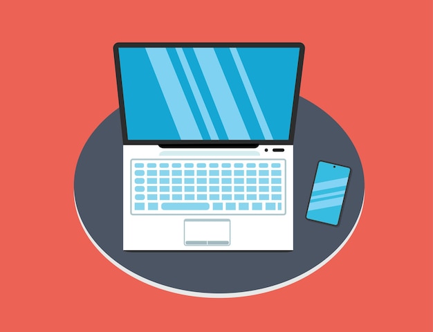 Computadora portátil en una mesa con fondo de tecnología de ilustración vectorial de teléfono inteligente