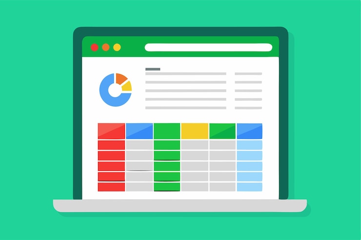Vector una computadora portátil muestra un tablero de análisis de datos con gráficos coloridos y tablas organizadas para obtener información ilustraciones de dibujos animados personalizables para hojas de cálculo