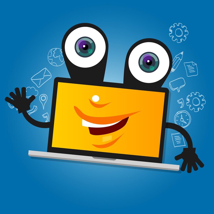 Vector computadora portátil ojos grandes personaje de dibujos animados sonrisa con las manos mascota amarilla cara feliz