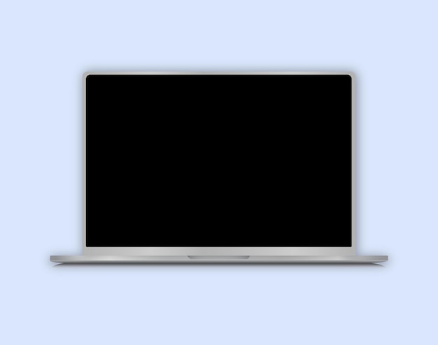 una computadora portátil plateada está en un fondo azul con una pantalla en blanco