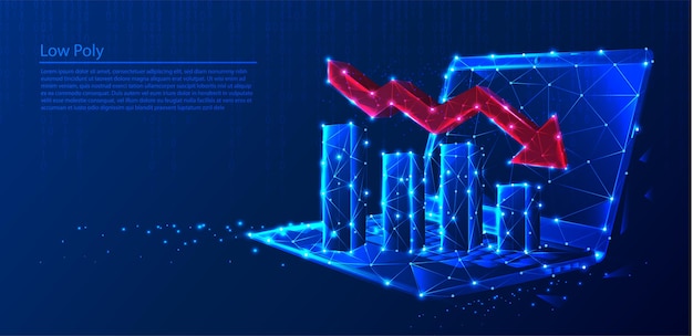 Computadora portátil poligonal con gráficos de crecimiento y flecha roja disminuyendo sobre fondo tecnológico azul oscuro, triángulos y diseño de estilo de partículas.