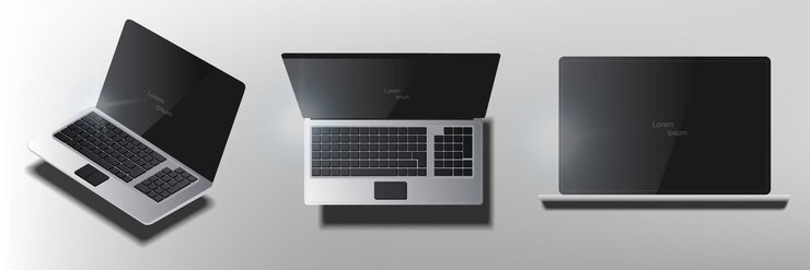 Vector computadora portátil realista con pantalla negra en blanco plantilla aislada de computadora portátil para aplicaciones web y móviles presentación de computadora portátil vista lateral superior de la computadora portátil en proyección 3d isométrica