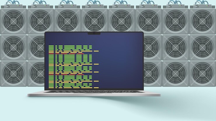 Vector computadora portátil con sistema operativo de minería y computadoras asic.