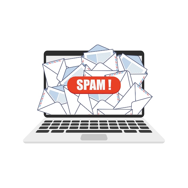 computadora portátil de spam de correo electrónico en ilustración de vector de estilo plano