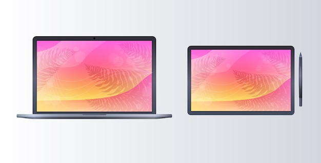 Vector computadora portátil y tableta con pantallas de colores concepto realista de dispositivos y dispositivos de maqueta