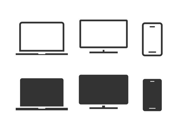 Computadora portátil teléfono celular y computadora de escritorio icono de pantalla vectorial sencillo conjunto de ilustraciones gráficas sólidas