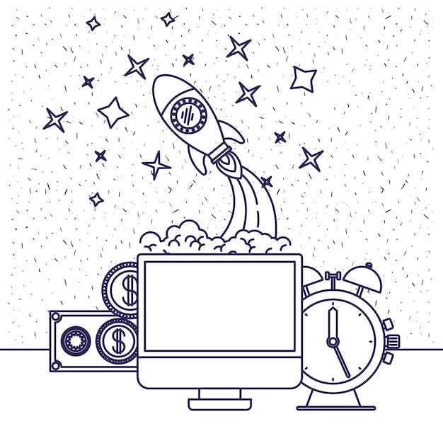 computadora y reloj y cohete espacial