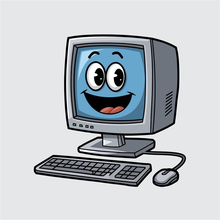 Vector computadora retro feliz con teclado y ratón
