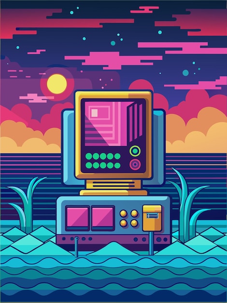 Computadora Retro junto al mar por la noche