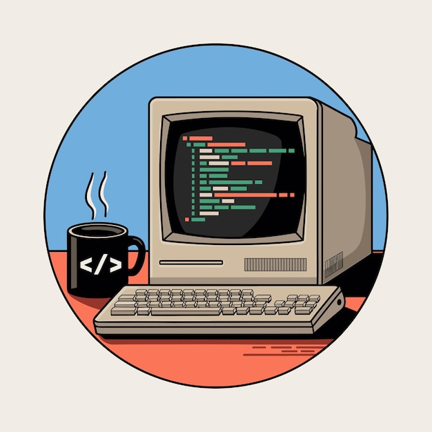 Computadora retro con una pantalla de codificación y una taza de café que simboliza la programación clásica