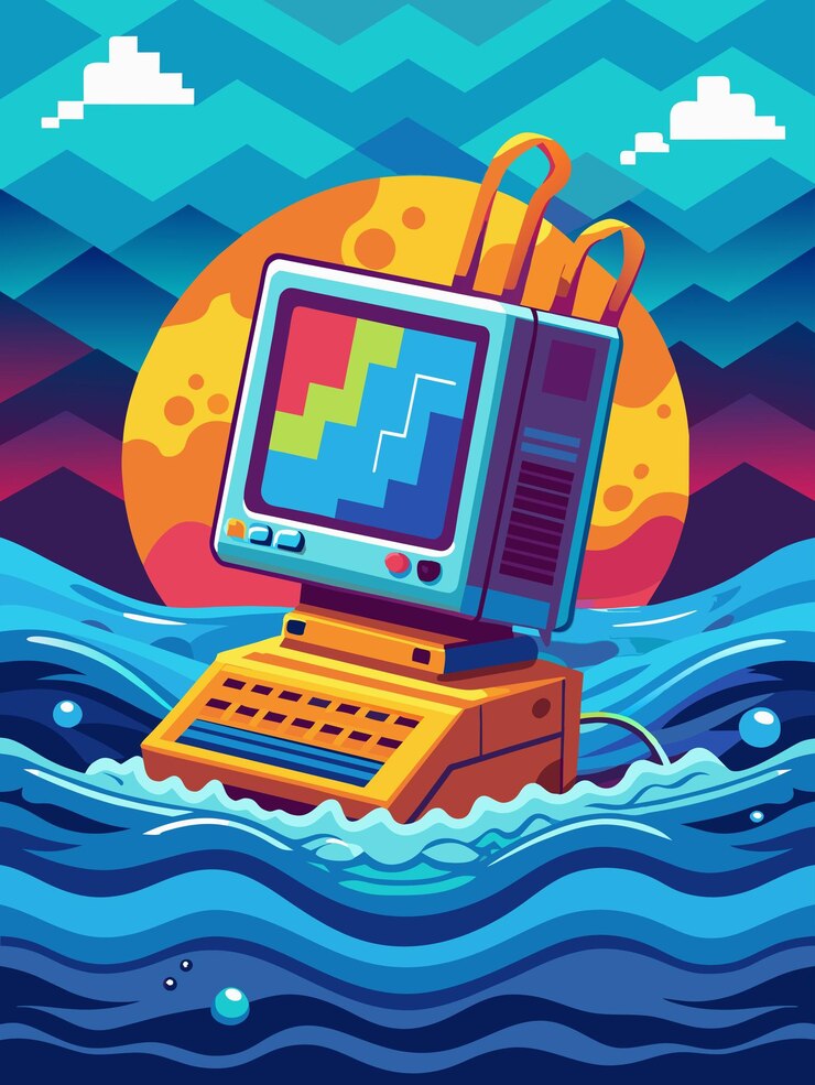 Vector computadora retro sumergida en agua azul con fondo de puesta de sol