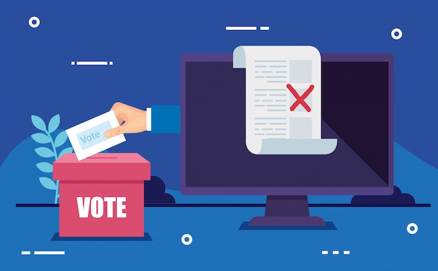 Computadora para votar en línea con mano y urna