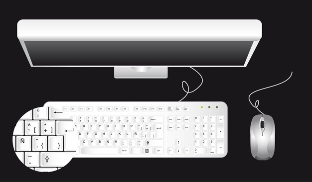 Vector computadora con zoom sobre el teclado, ilustración vectorial