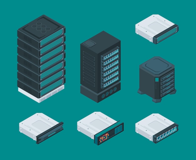 Computer data storage shelves. Server equipment it technology network hardware tools router vector isometric set. Storage data, module unit computer, rack isometric equipment illustration