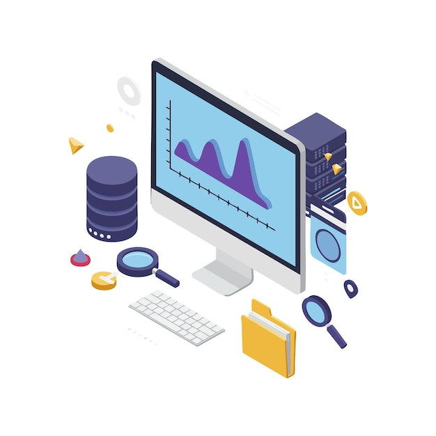 Computer monitor displaying data analytics with server and various graphical elements