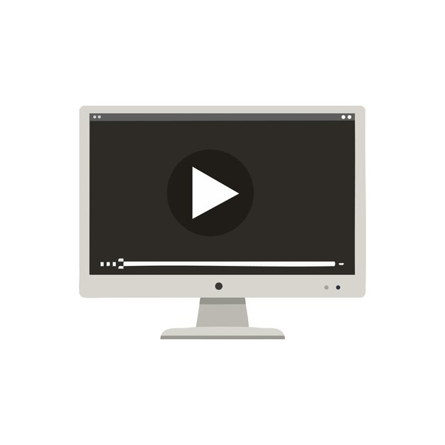 Computer monitor screen with video player interface showing play button and progress bar vector illustration