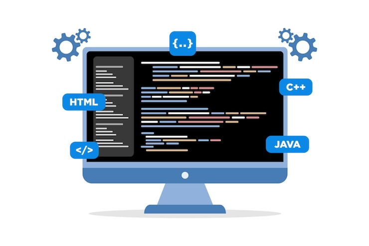 Vector computer programming or developing software concept computer with code on screen vector illustration