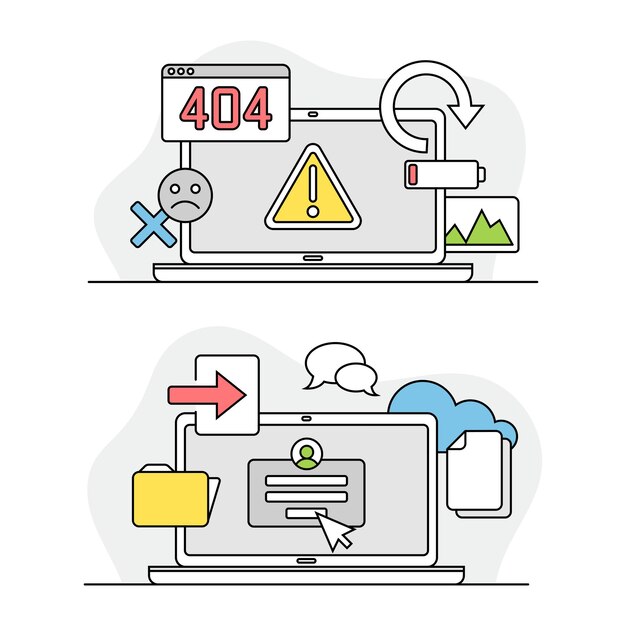 Computer repair service error 404 disconnection from the Internet hardware and computing cloud lined vector illustration