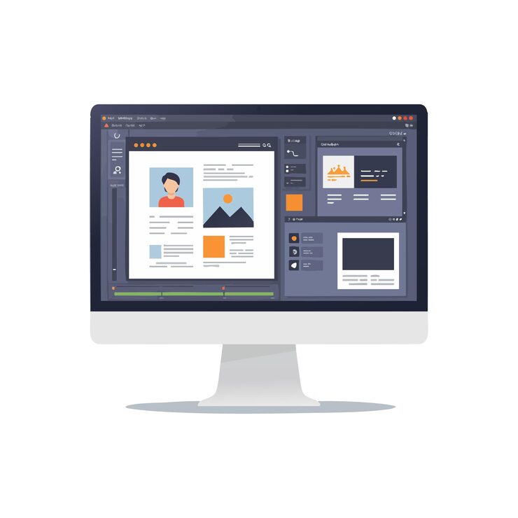Vector computer screen displaying user profile and image editing software interface with dark mode design and vector style