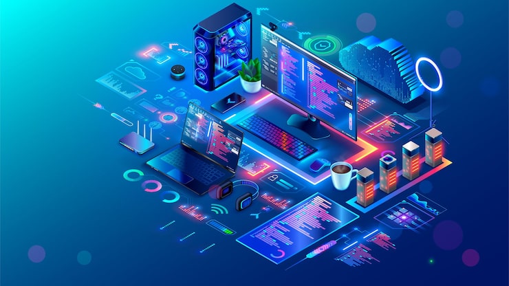 Vector computer technology isometric concept software development programming coding pc laptop phone on desk environment of programming software computer network technology network communications