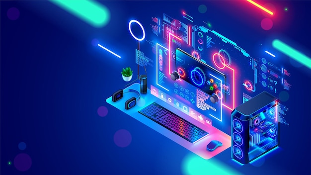 Computer video games development education for kids Game design gameplay of computer games Isometric computer of game designer workplace PC on desk with interface developer environment on screen