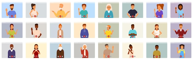 Se comunica remotamente con los iconos de la familia establecidos Diversas personas que tienen una llamada de videoconferencia utilizando la aplicación de cámara web de la computadora