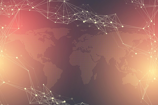 Comunicación abstracta gráfica virtual con mapa del mundo punteado. Visualización de datos digitales.