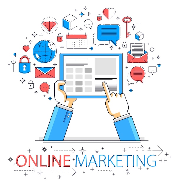 Comunicación y actividad en Internet, manos de hombre sosteniendo tableta y usando aplicaciones, red global, comunicación moderna, concepto de mensajería o redes sociales, diseño vectorial.