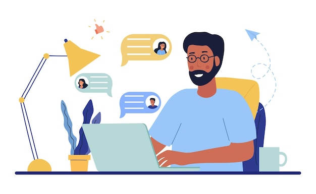 La comunicación en el concepto de chat un hombre está sentado en una computadora portátil y enviando mensajes de texto con sus amigos en.