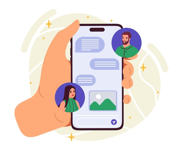 Comunicación en el concepto de Internet de la mano con mensajes de teléfonos inteligentes en la interacción de redes sociales en