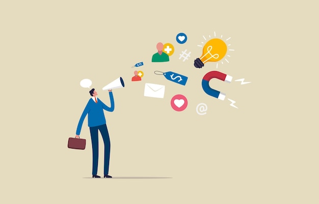 Comunicación efectiva para empresas Promover campañas de marketing Empresario comercializador usando megáfono para promoción o relaciones públicas Ilustración