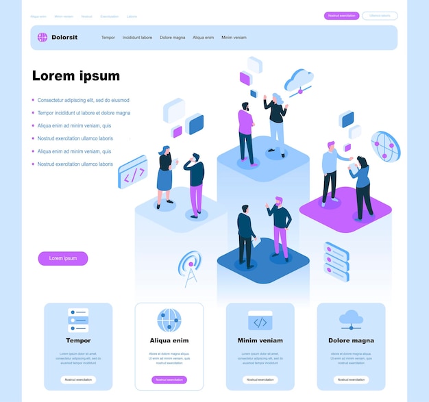 Comunicación empresarial en el lugar de trabajo, isométrica, gente de negocios trabajando juntos y desarrollando una estrategia empresarial exitosa, ilustración