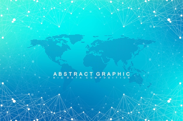 Comunicación de fondo gráfico geométrico con el mapa del mundo. Complejo de big data con compuestos. Telón de fondo de perspectiva. Matriz mínima. Visualización de datos digitales. Ilustración de vector cibernético científico.