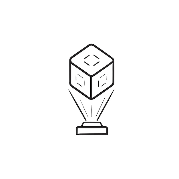 La comunicación holográfica y el icono de doodle de contorno dibujado de mano de imagen de cubo virtual 3d. Concepto de tecnología futura. Ilustración de dibujo vectorial para impresión, web, móvil e infografía sobre fondo blanco.