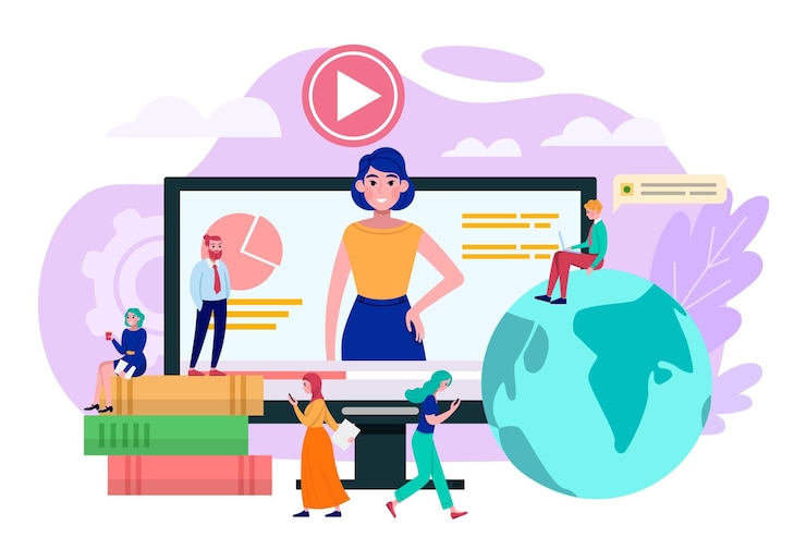 Vector comunicación en internet educarion aprender tecnología informática mundial de ilustración vectorial en línea